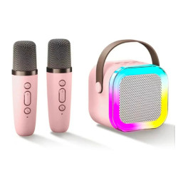 PRZENOŚNY GŁOŚNIK BLUETOOTH KARAOKE 2 MIKROFONY ZESTAW USB RÓŻOWY