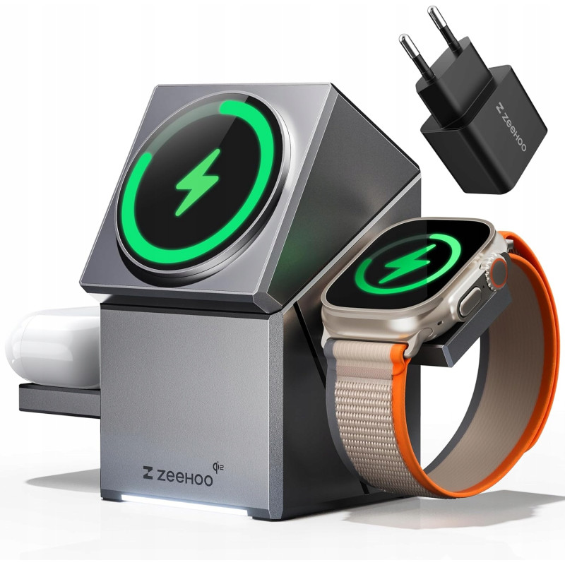 ZEEHOO Stacja Ładowania 3w1 Dla Apple Watch iPhone AirPods 15W szara