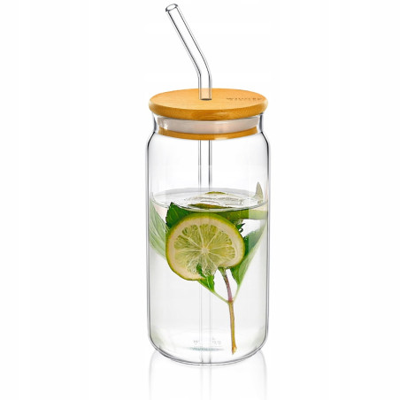Słoik do wody napojów lemoniady z bambusową pokrywką i słomką 500ml 6 sztuk