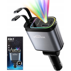 WHATOOK Ładowarka samochodowa 4w1 USB-C 66W szybkie ładowanie LED